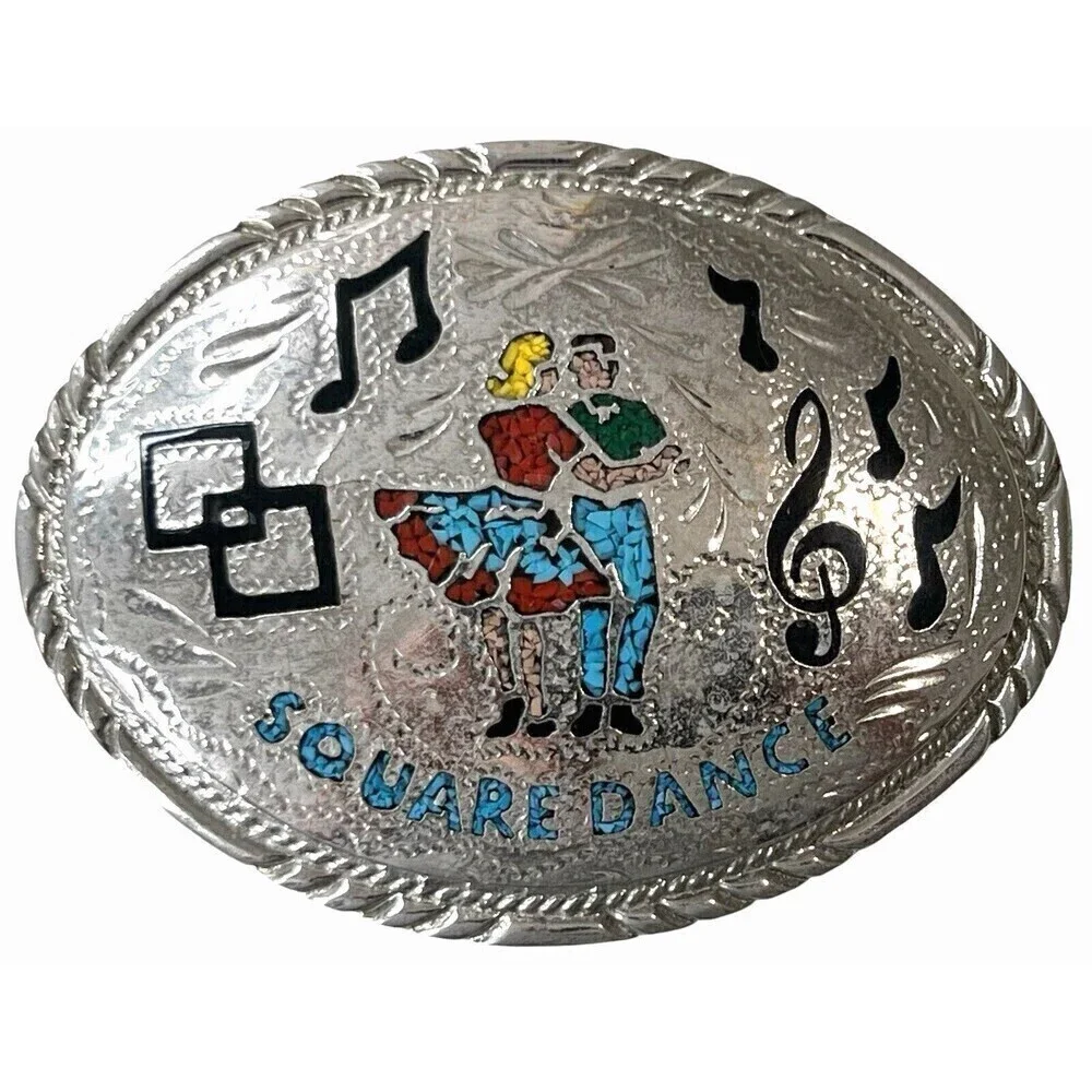 Vtg Square Dance Music Notes Rare inlaid Turquoise Enamel Couple SSI Belt Buckle
